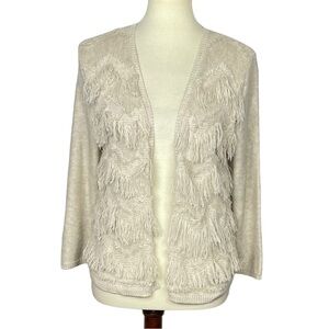Chico’s Sweater 1 Womens‎ 8 Medium Cardigan Open Front Oatmeal Fringe Chevron